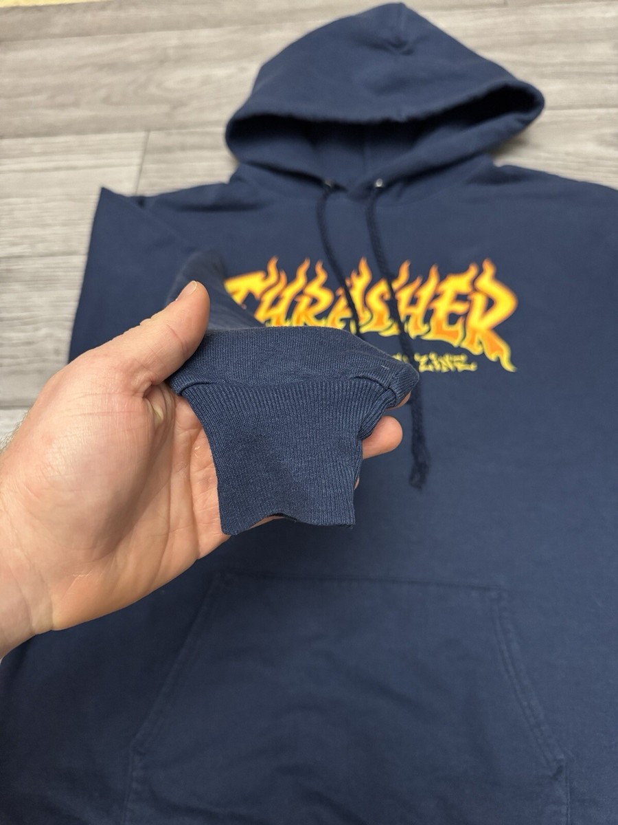 Thrasher 90's Skateboard Magazine Blue Hoodie Flame Logo Hanes Tag