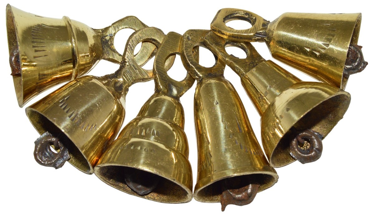 6 Assorted Mini Brass Bells Gold Color w/ Hanging Holes
