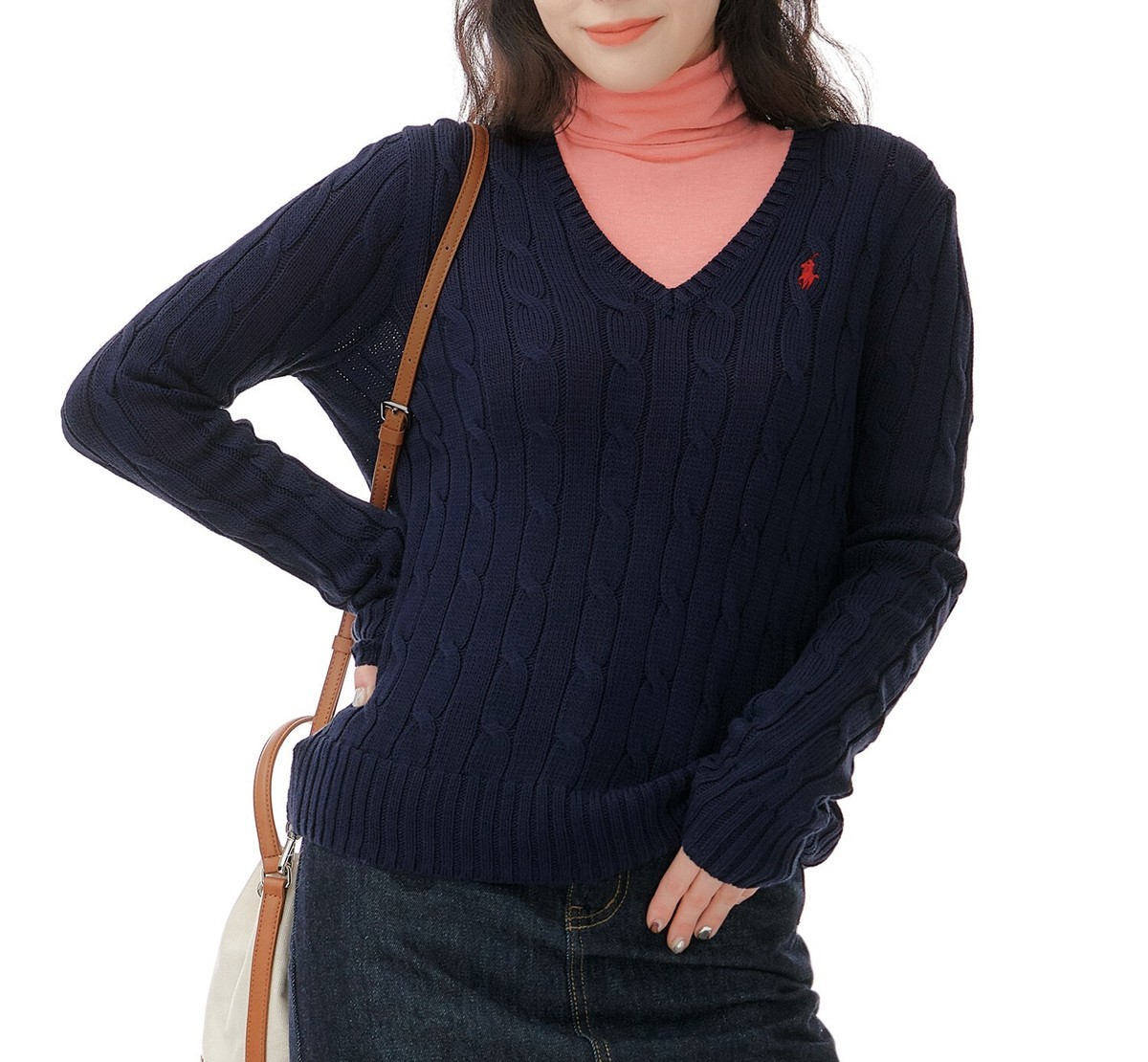 Genuine Polo Ralph Lauren Womens Cable Knit V Neck Sweater - Navy