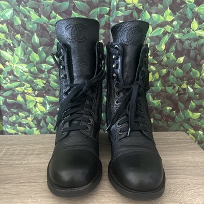 Auth. CHANEL CC Logo Quilted Black Leather Moto Biker Combat Boots