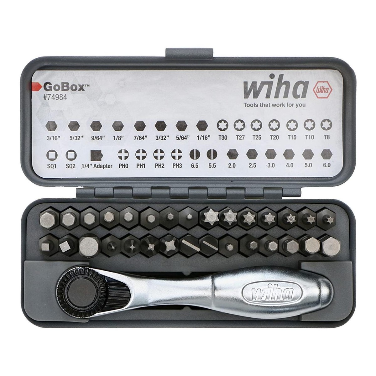 Wiha Tools 74984 Standard Bit GoBox Set with Mini Ratchet, 32 Pc