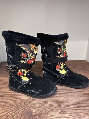 Ed Hardy Women's Black Suede Faux Fur Lined Mocasin Boots US Size