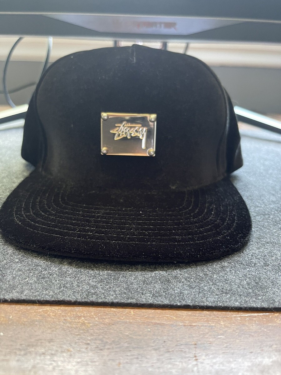 Vintage STUSSY Velvet Gold Plate Black Snapback Cap Y2K Velour Hat
