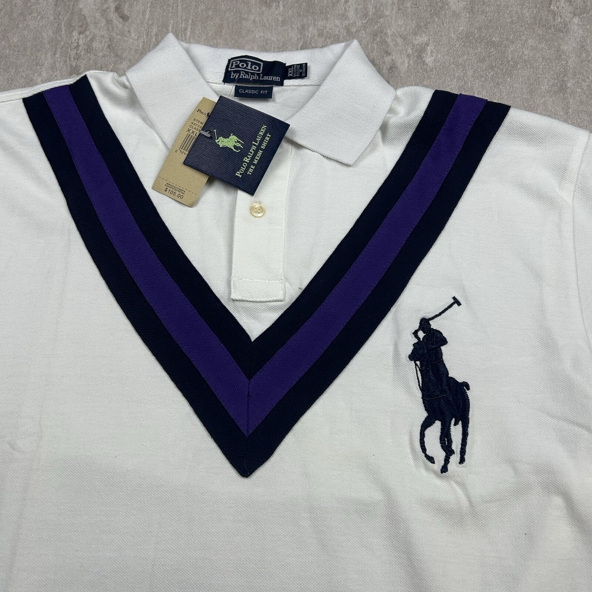 NWT Vintage Polo Ralph Lauren Shirt White Blue Navy Stripe V Men's