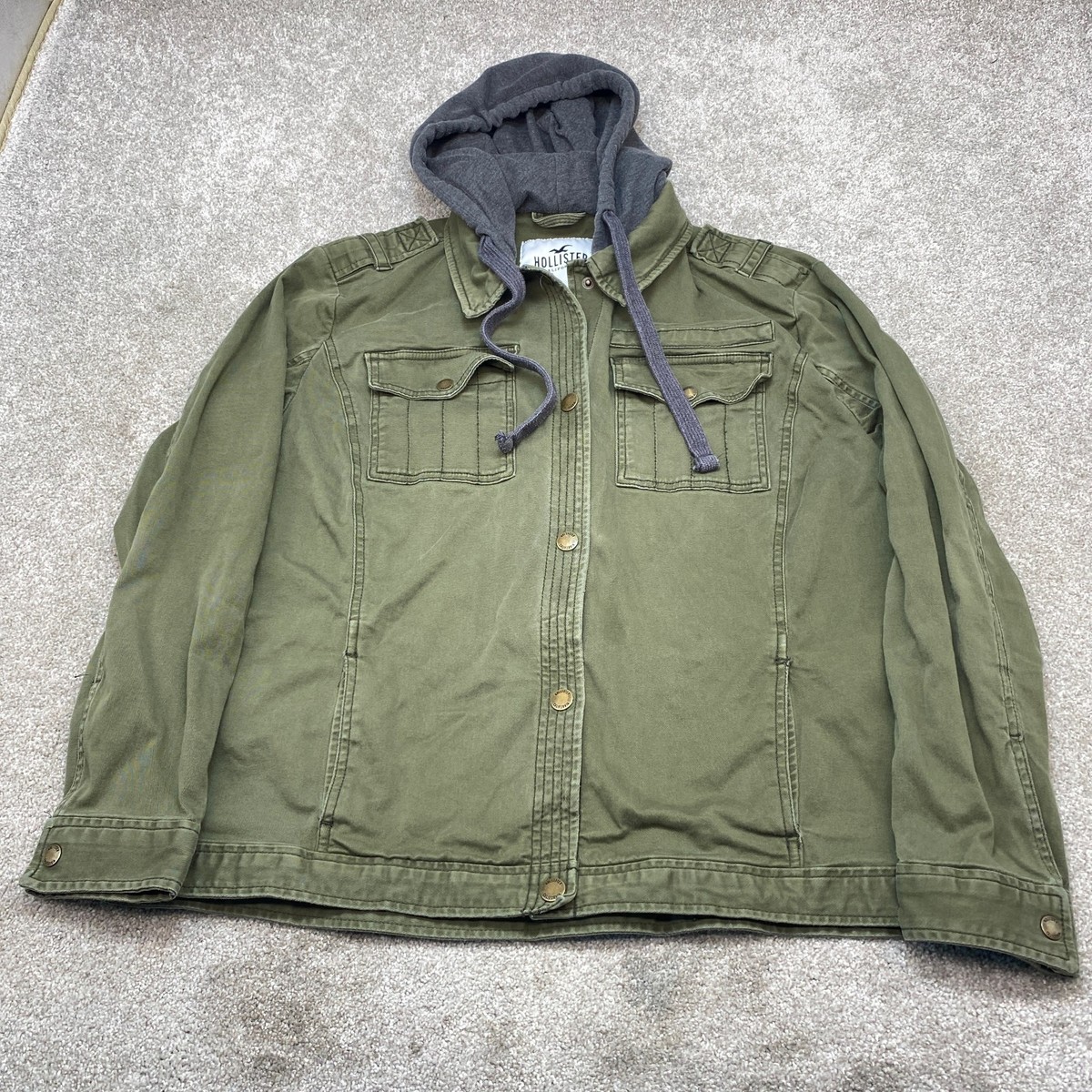Y2k Hollister Green Military Field Jacket Hooded Size Large