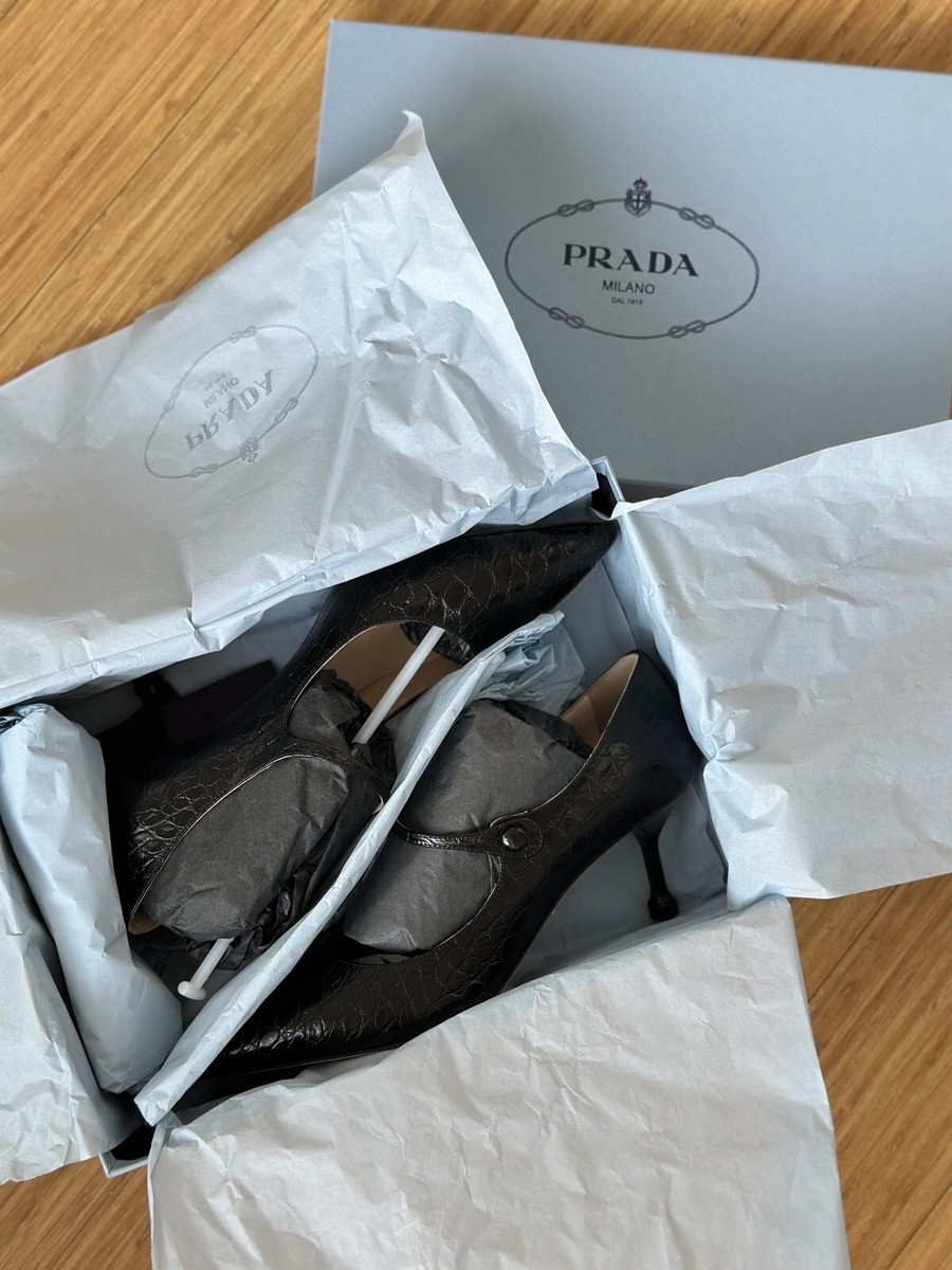 PRADA Mary Jane St. Coco Black Pumps Pointed Toe Croc Calzature