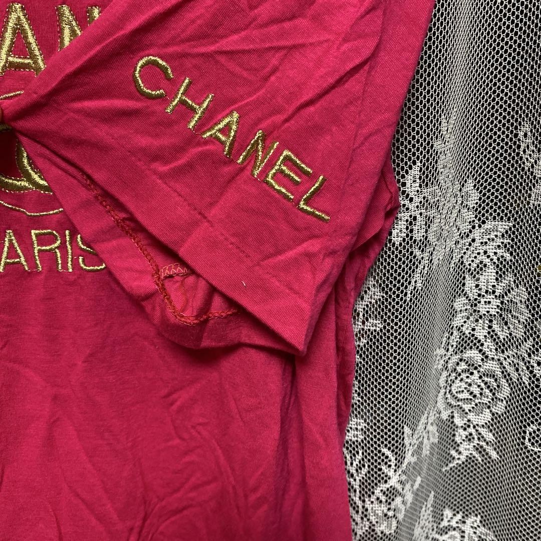 CHANEL ヴィンテージTシャツ ゴールド刺繍 ショッキングピンク ワイド