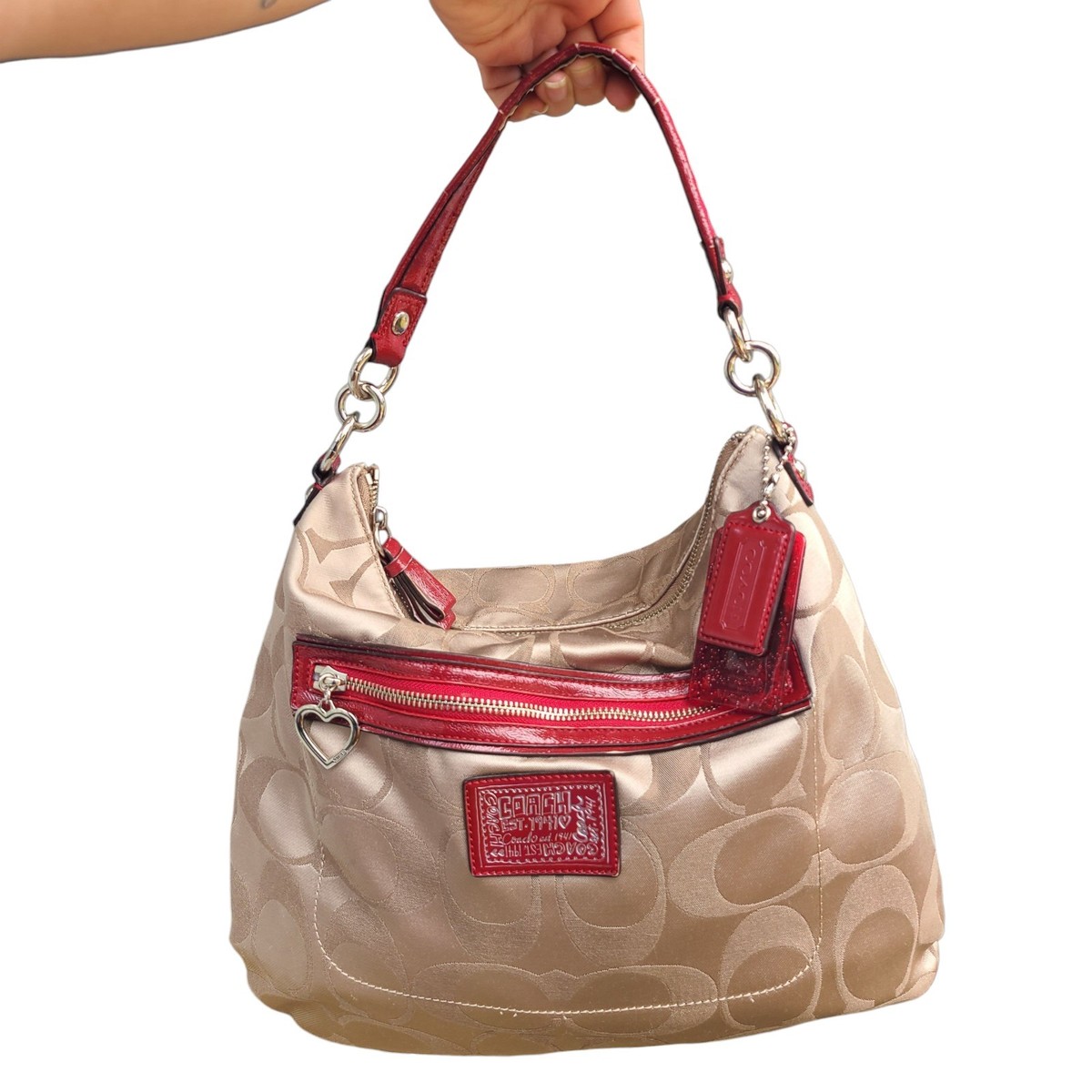 Coach Poppy Signature Shoulder Bag F20064 Red Beige Canvas With