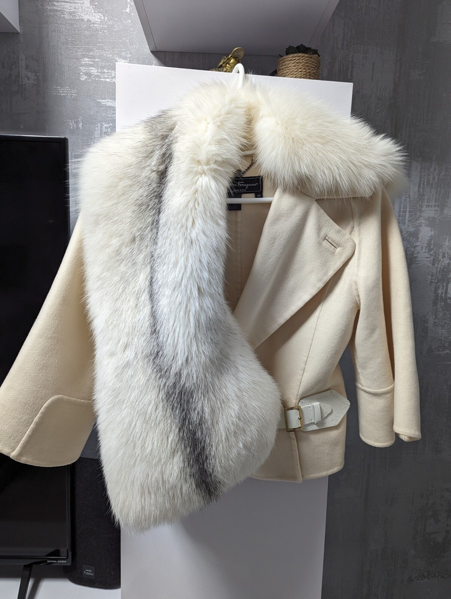 Salvatore Ferragamo Fur Fox Collar Cream Cashmere Belted Jacket