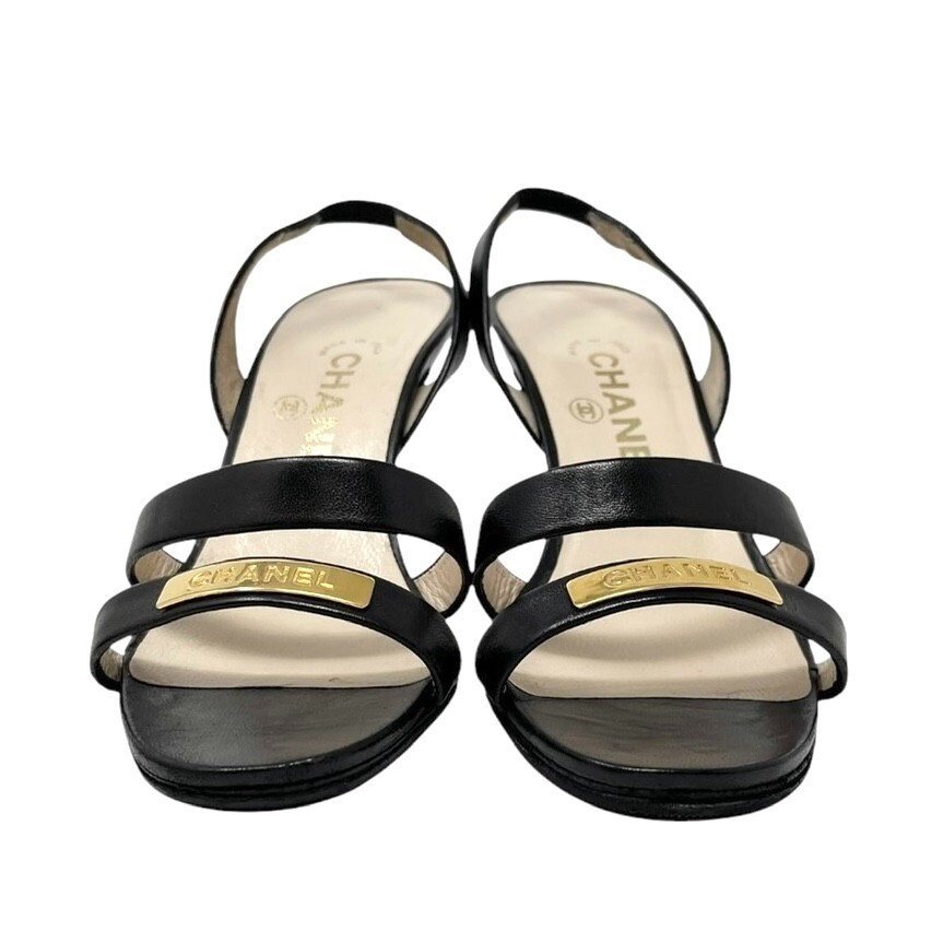 CHANEL Vintage 98P CC Logo Heels Mules Sandals #36.5-37 Black Gold