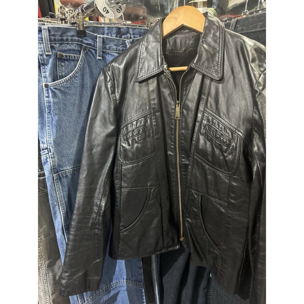 Vintage 1970s Black Genuine Leather Sherpa Lined Talon Zipper