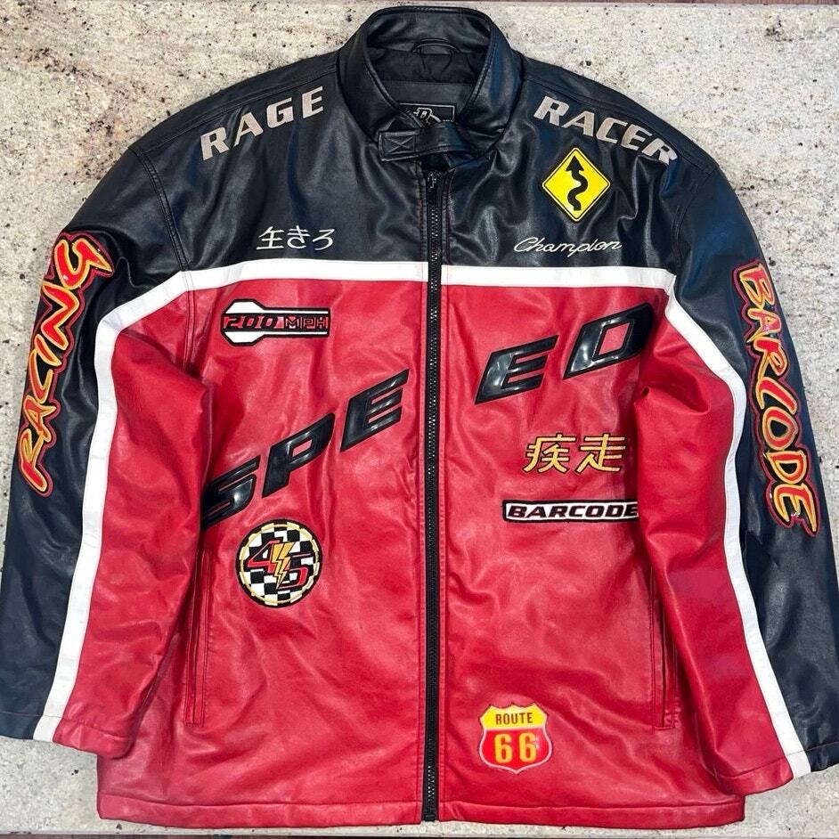 Y2K Japanese Barcode Cup Champion Racing Leather Jacket Size 2XL
