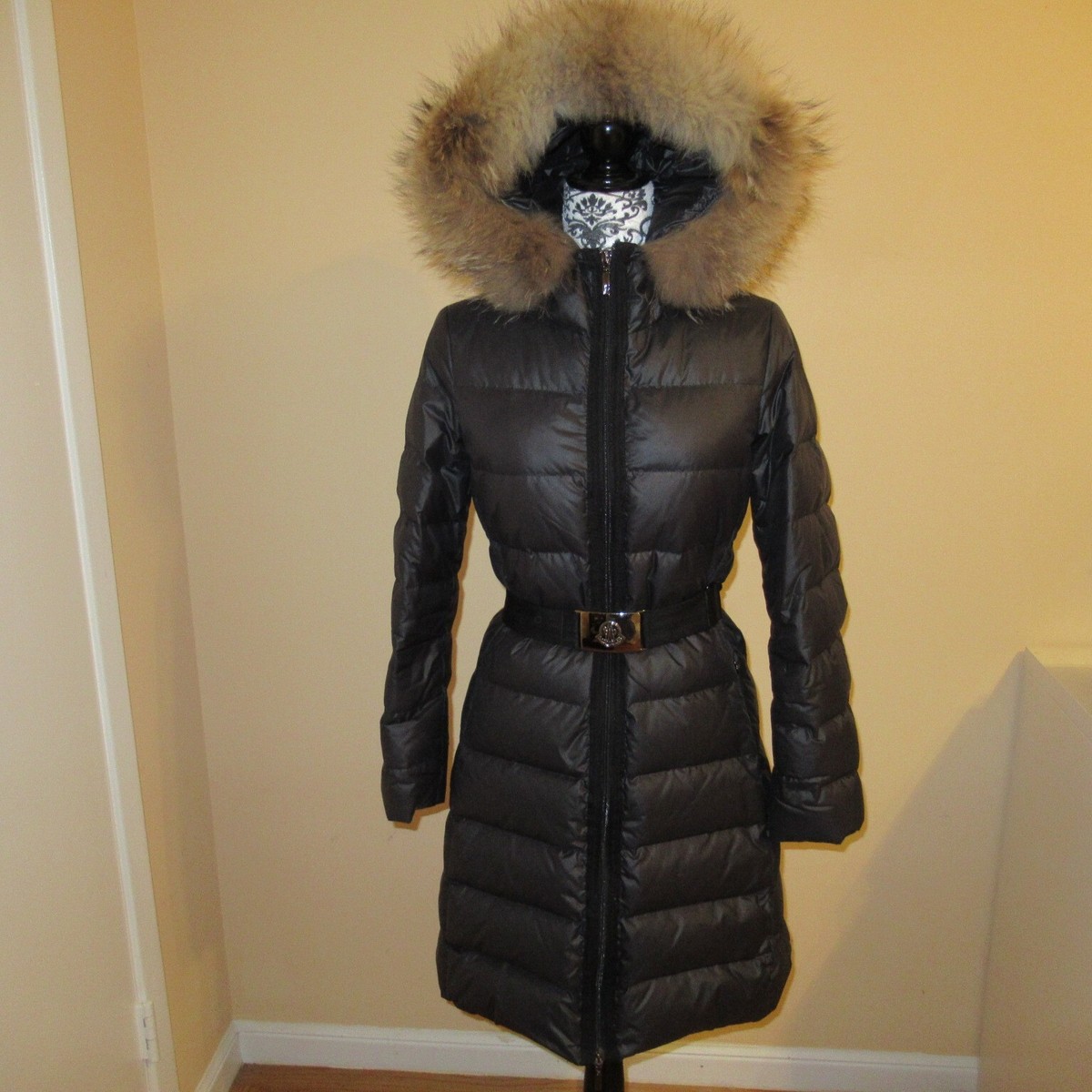 Moncler Black Fur Hood Nantesfur Belted Down Long Puffer Jacket