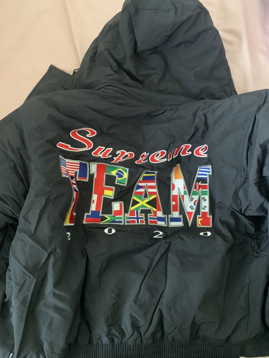 NEW SUPREME TEAM PUFFY JACKET BLACK BOGO LOGO OLYMPIC FLAGS SS20