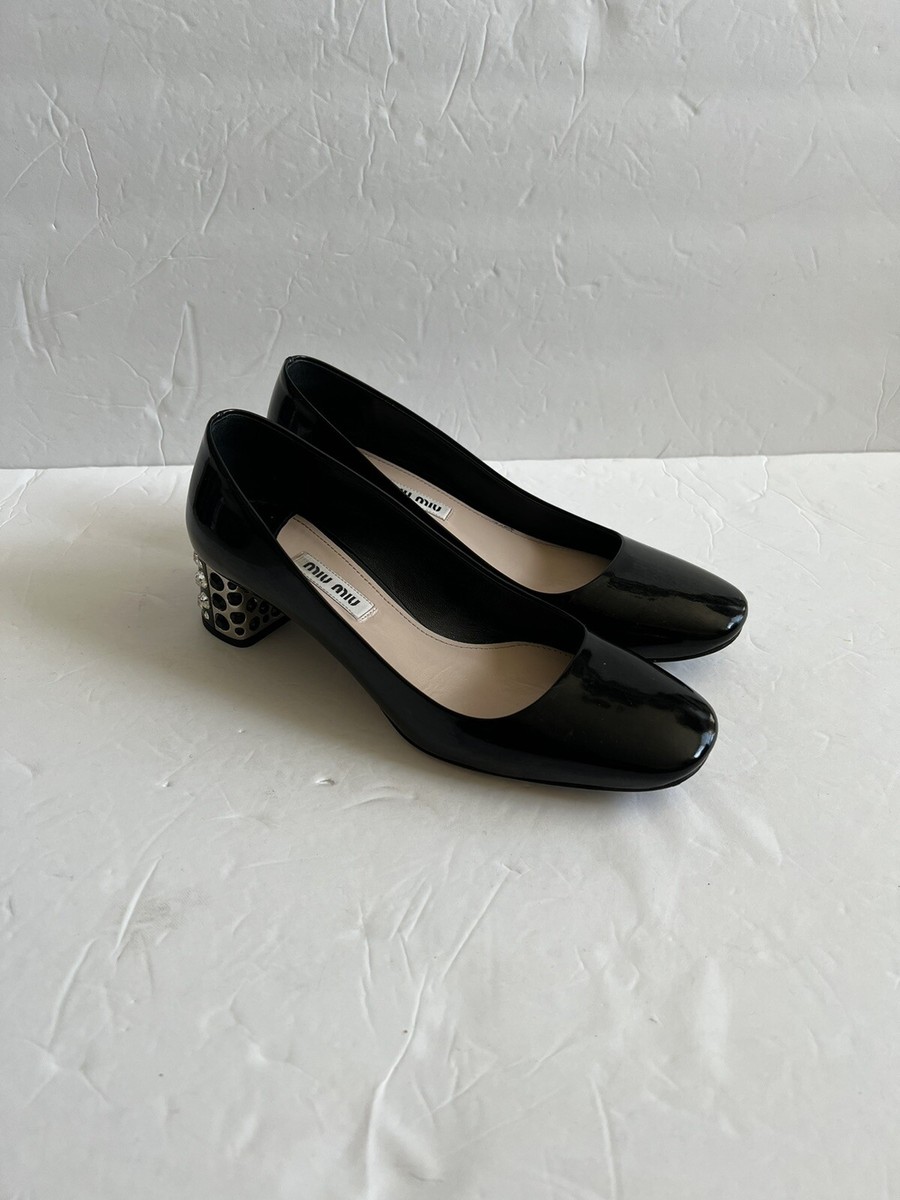 MIU MIU EMBELLISHED JEWELED CRYSTAL HEEL BLACK PATENT LEATHER