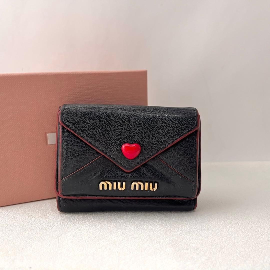 MIU MIU Compact mini Wallet Madras Love Letter Heart Black Coin