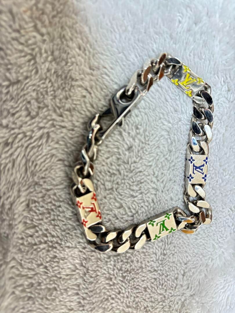 Louis Vuitton M1409L Silver Multicolor LV Chain Bracelet 22cm Mens