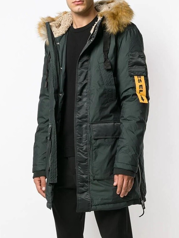 $695 Designer DIESEL Men Green Parka Fur Hooded Military Puff Long