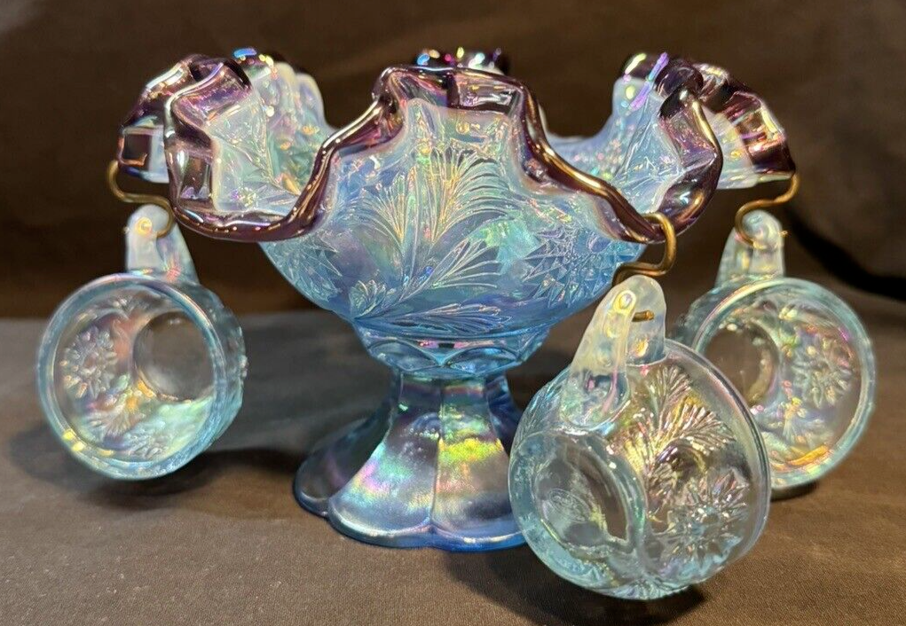 Fenton Miniature Punch Bowl Set Blue with Plum Ruffled Rim with
