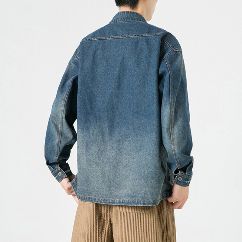Men Casual Denim Jacket Hanfu Mandarin Collar Chinese Frog Button
