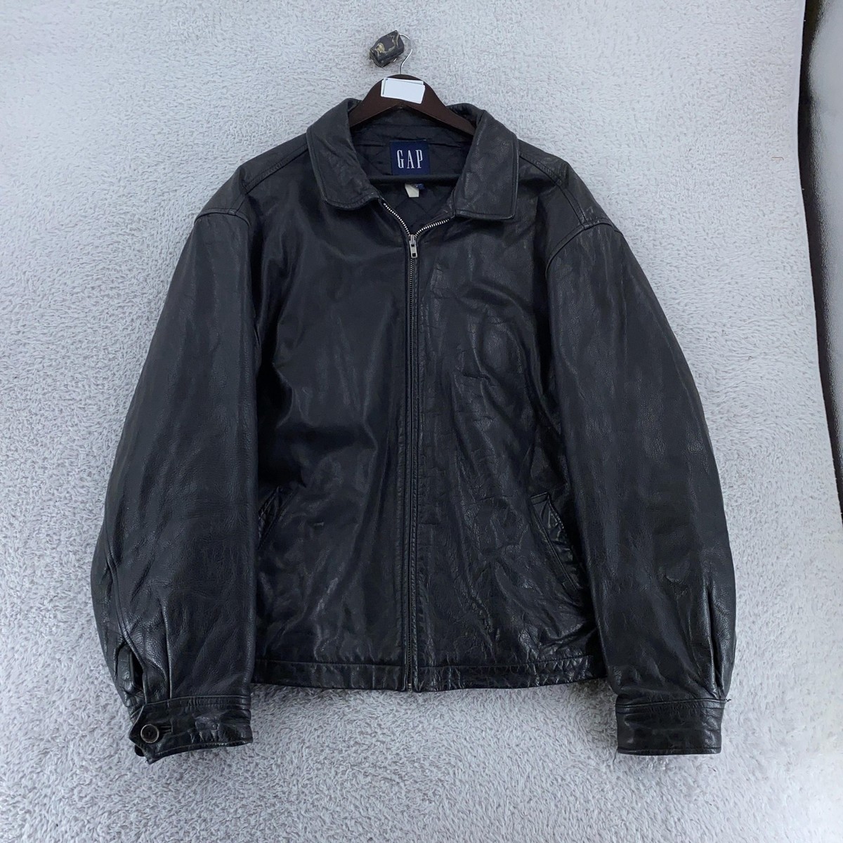 Vintage GAP Leather Jacket Mens XL Black Full Zip Quilted Lined