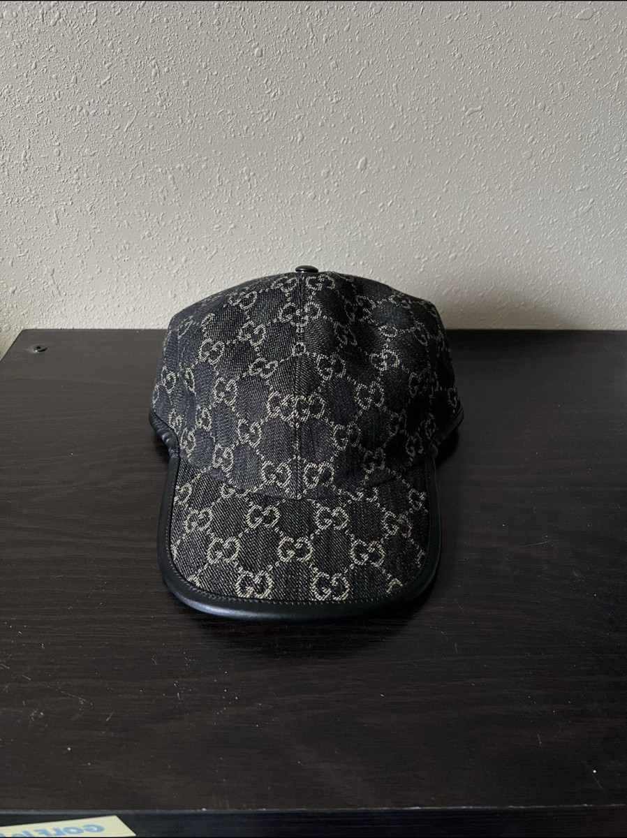 GUCCI GG Monogram Black Denim Baseball Hat Cap Leather Trim L 59