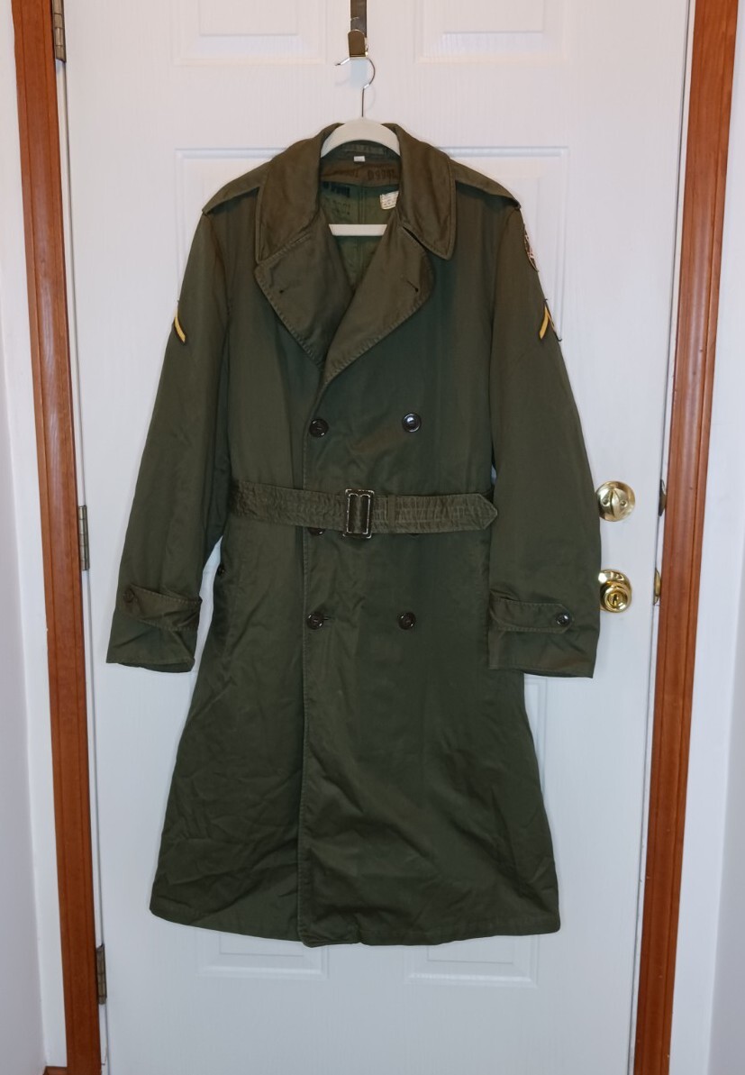 WWII US Military 6th Army Field Trench Coat Green Long Medium Wool