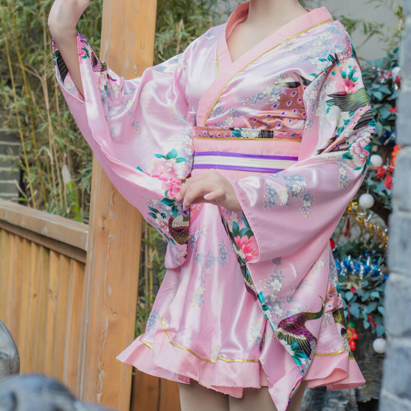 Floral Kimono Satin Ruffle Dress Japanese Bathrobe Yukata Costume