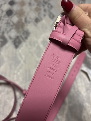 New Gucci Belt Leather Interlocking G Buckle Belt Pink Gold 546386