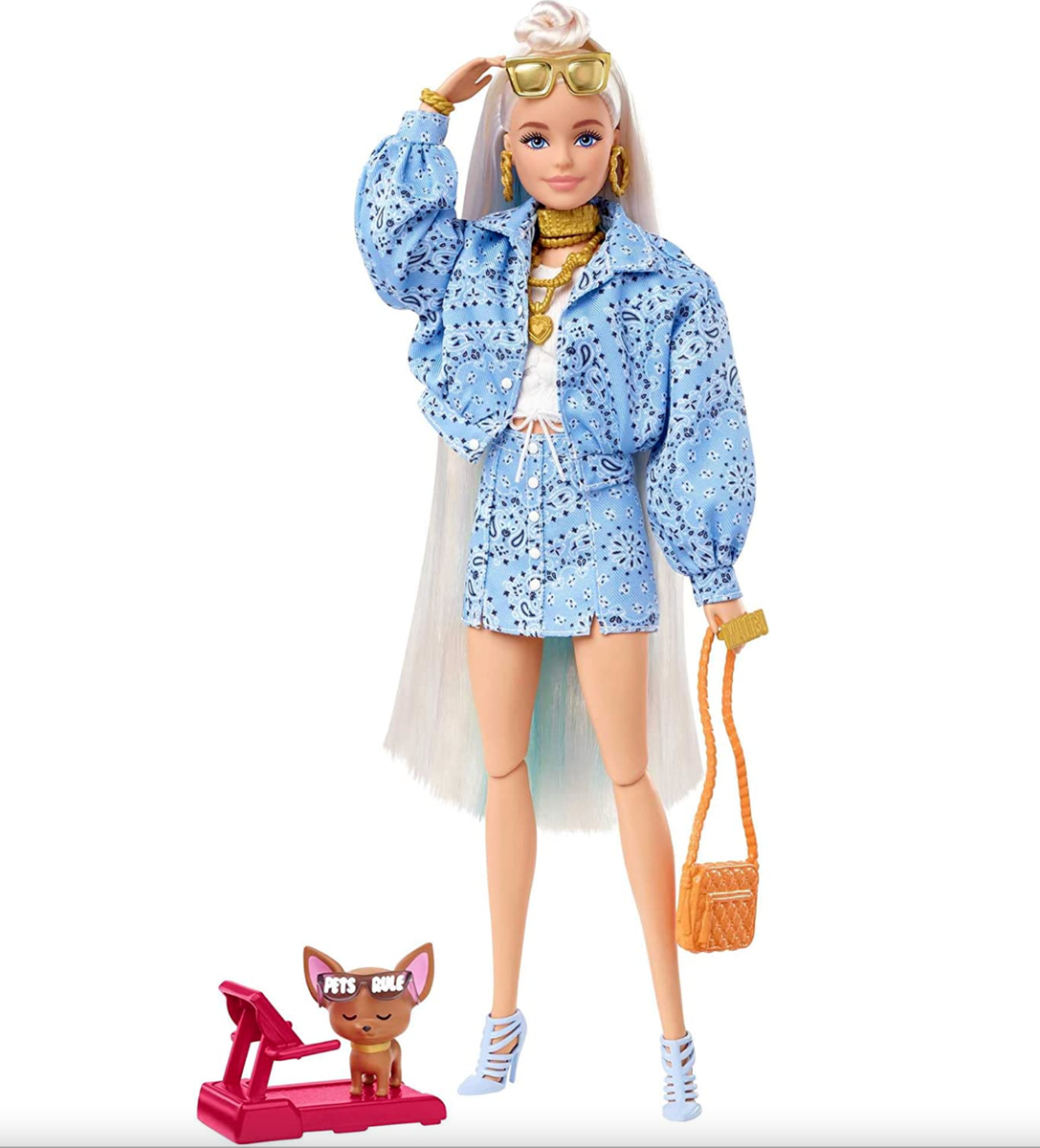 Barbie Extra Doll with Blue Oversized Paisley Pattern Jacket, Pet