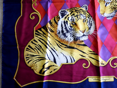 Vintage Salvatore Ferragamo Tiger Pair Scarf Wrap Italy 100% Silk