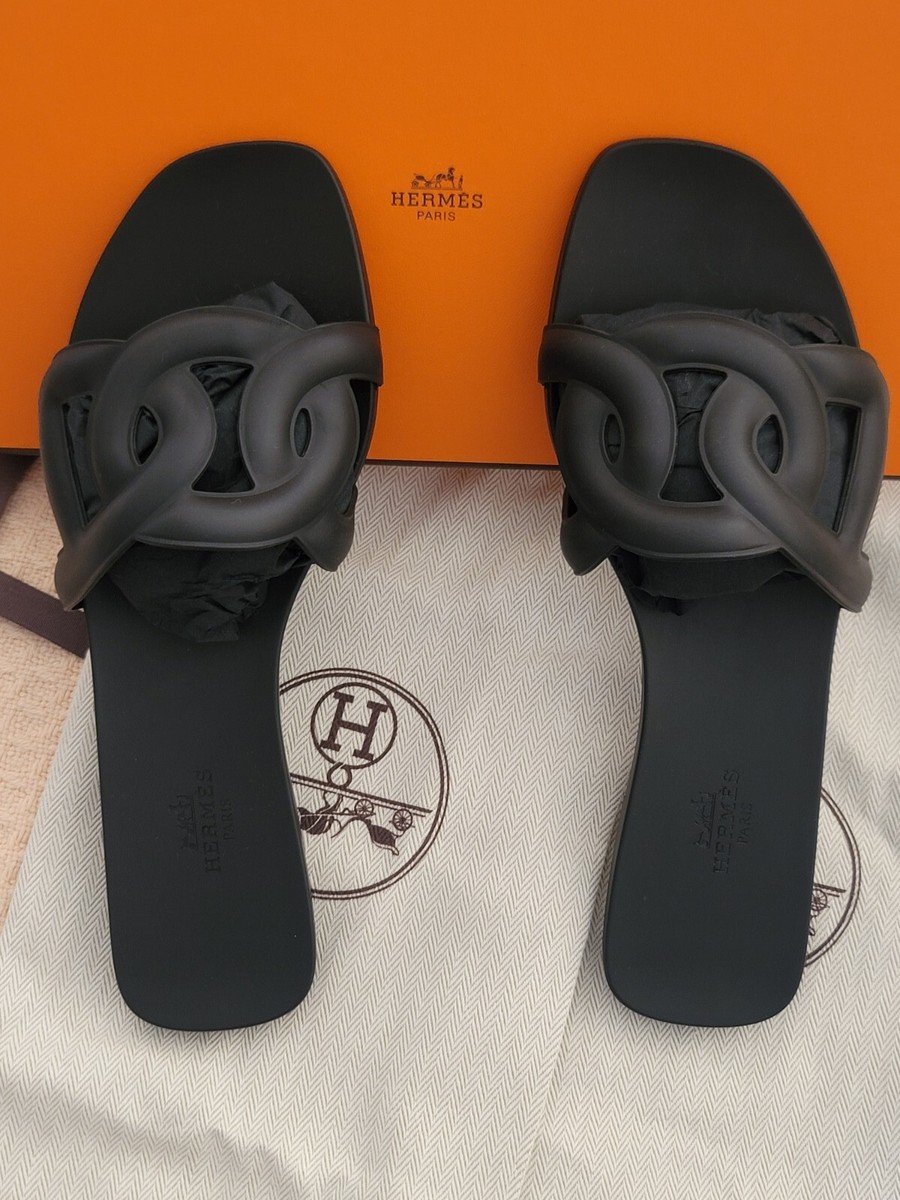 Hermes Pool Sandal Aloha Black Rubber Size 38 EU Fits 8 US, New