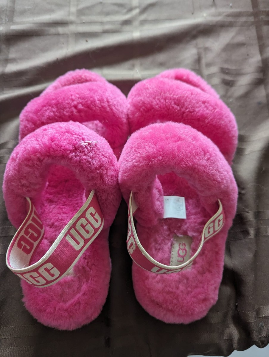 Ugg Oh Yeah Fluffy Hot Pink Lamb Fur Double Strap Sandals Womens