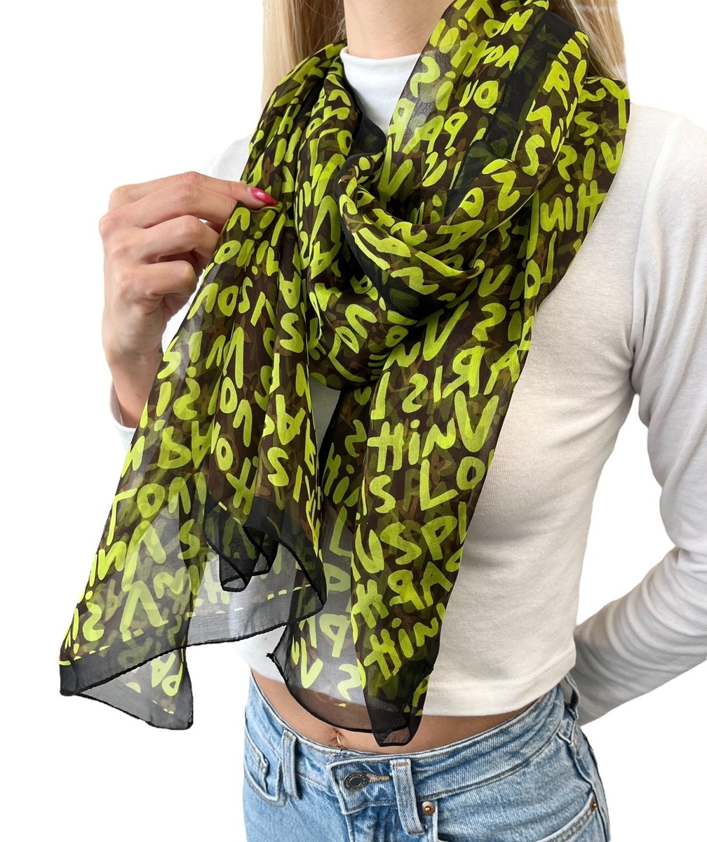 LOUIS VUITTON Vintage LV Monogram Logo Graffiti Scarf Green Brown