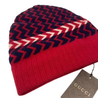 GUCCI Wool Zigzag Beanie Hat Red Size M 22cm | eBay