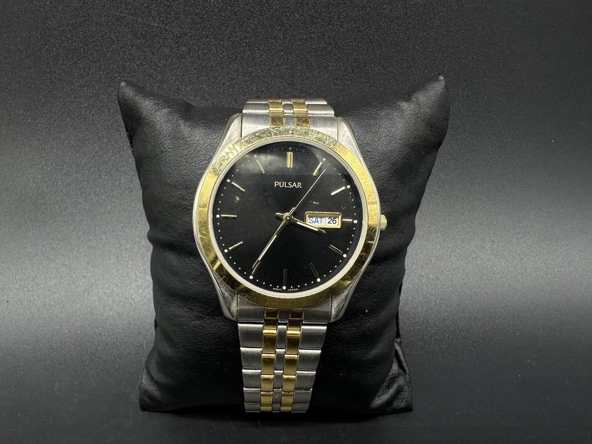 Pulsar V733 Vintage Two Tone Gold Silver Mens Watch JAPAN Runs