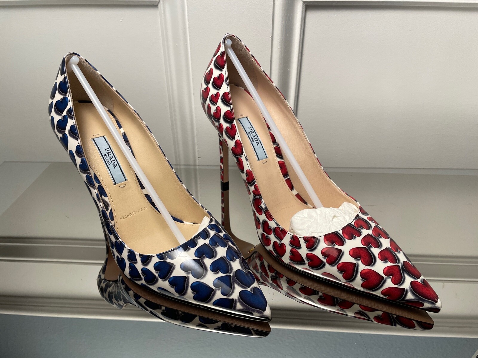 Prada Vernice Cuore Patent Leather Pointed Toe Hearts Heel Pumps