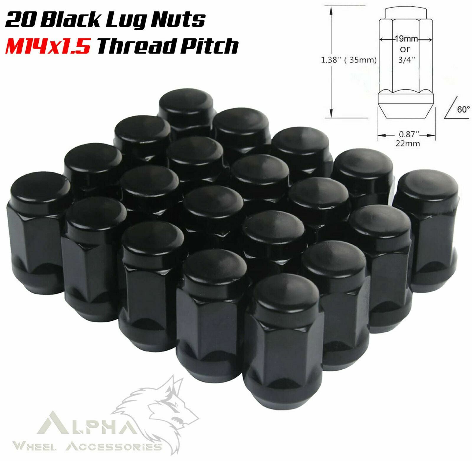 20 Black 14X1.5 Bulge Acorn Lug Nuts For 2017 and Newer Honda