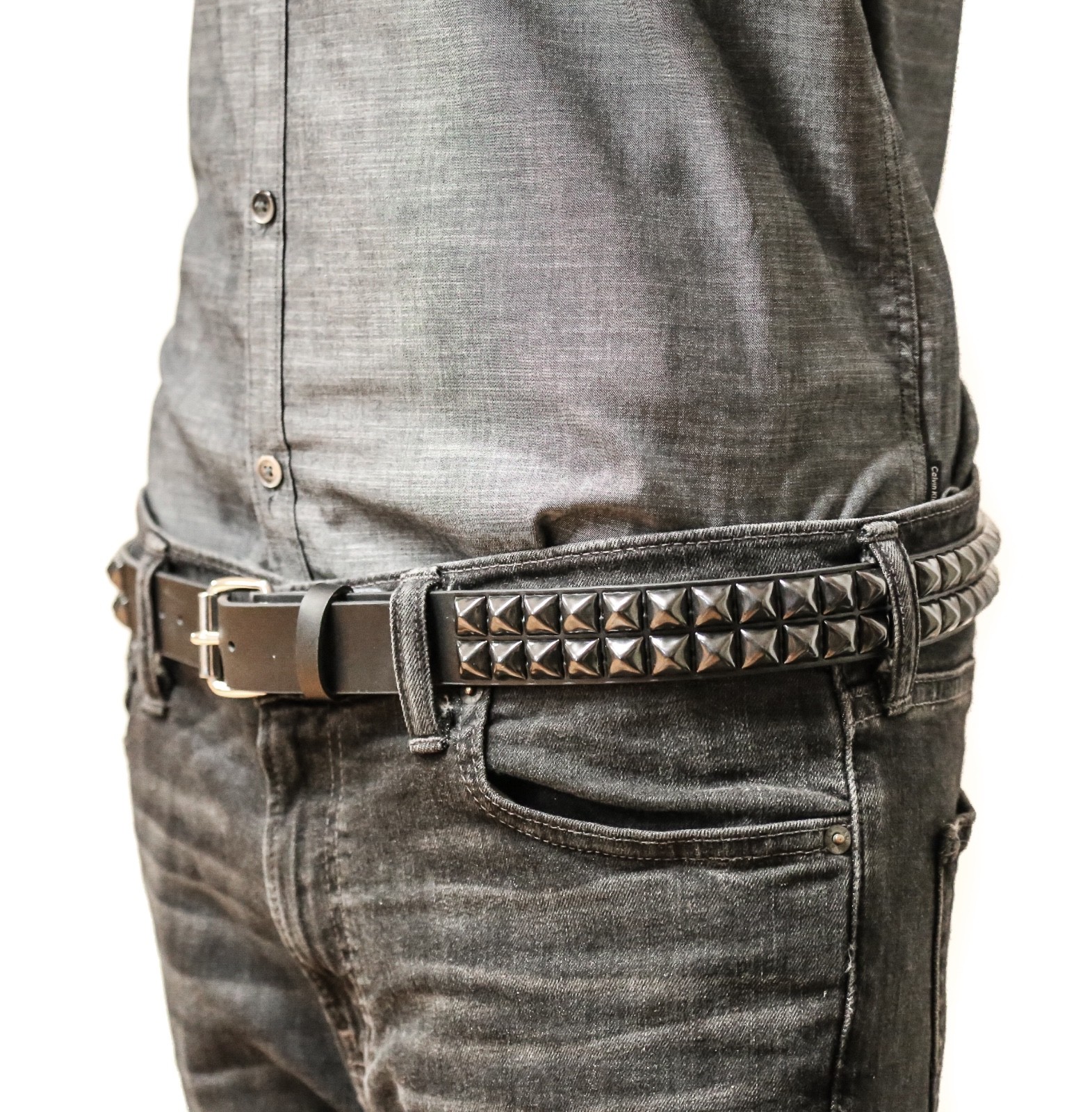 2 Row Black Gunmetal Pyramid Stud Belt Leather Punk, Metal,Thrash