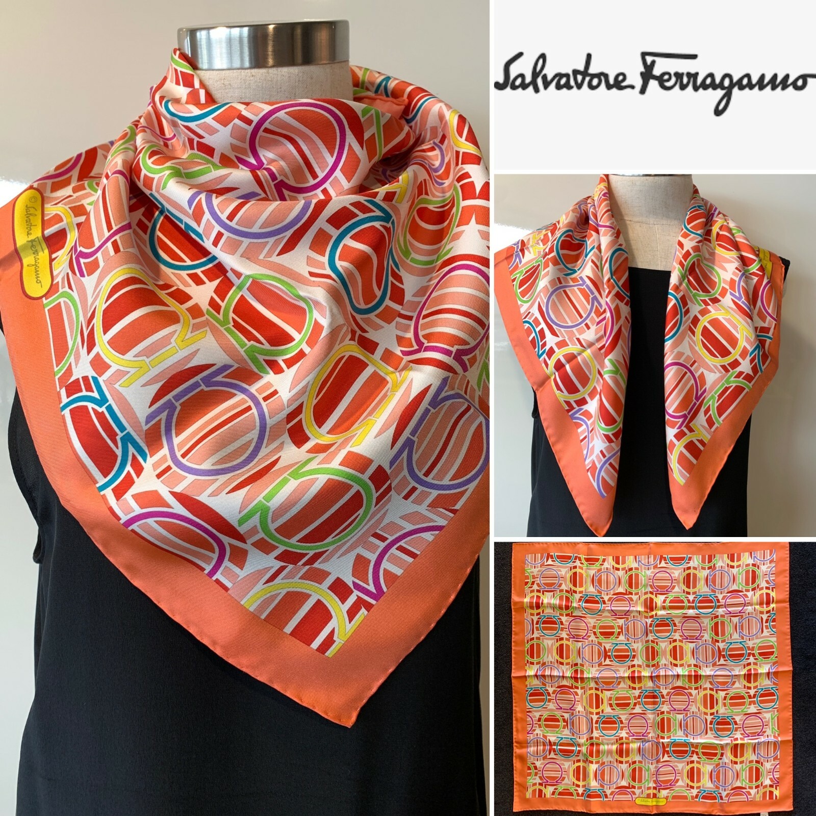 Salvatore Ferragamo Orange Comb Logo & Stripe Scarf Silk Twill
