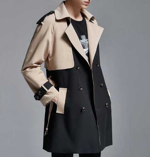 Trench Coat Men's Long Lapel Double Breasted Colorblock Jacket
