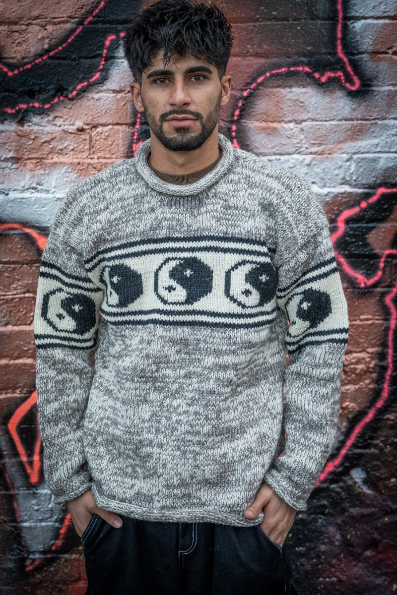 Grey Wool Jumper – Yin Yang Design, 100% Wool - Men's