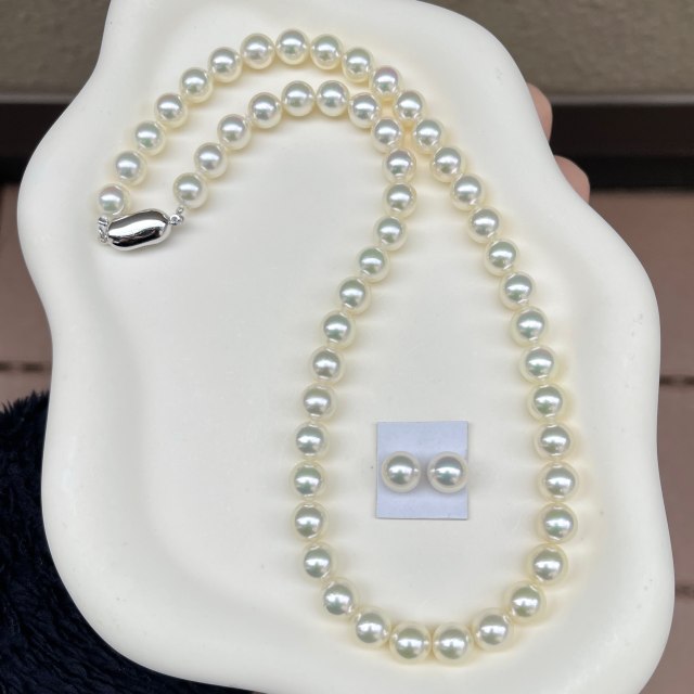 無調色オーロラロゼ鑑別書付きアコヤ真珠ネックレス7.5-8.0㎜グリーン