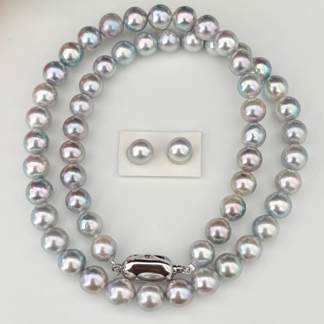 アコヤ真珠ネックレス7.0-7.5mm無調色ナチュラルブルーカラーペア付き