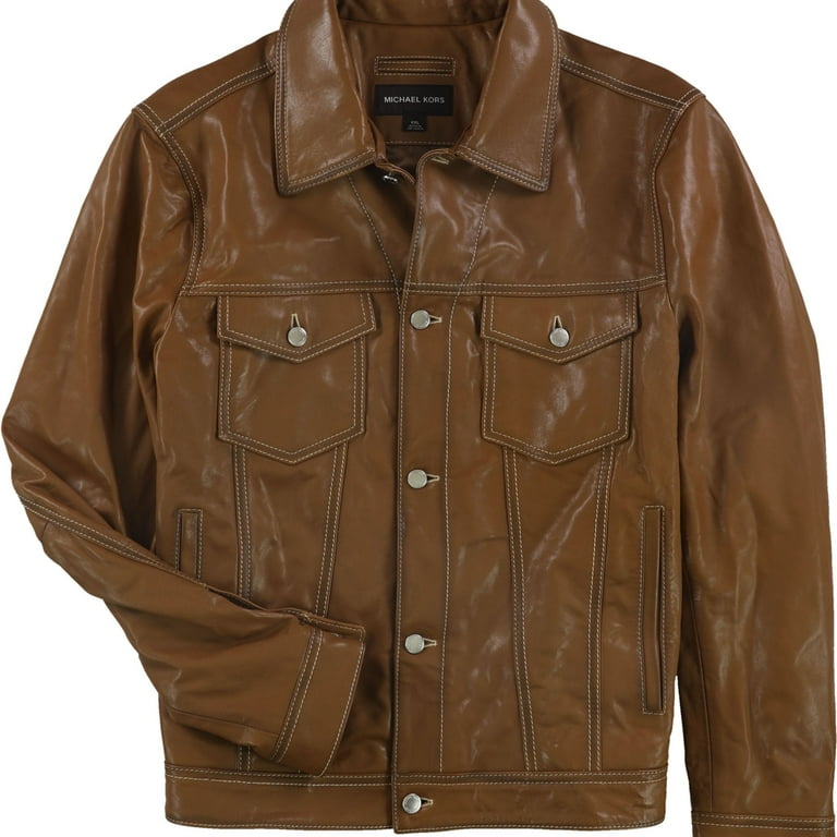 Michael Kors Mens Burnished Leather Jacket, Brown, XX-Large