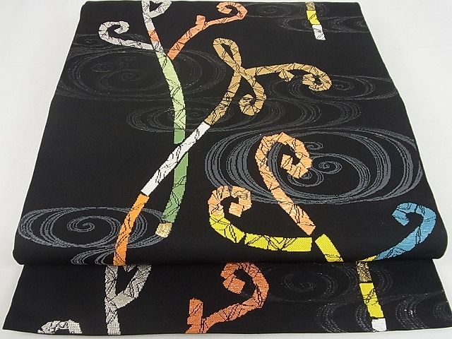 平和屋本店○最高級 龍村平蔵製 六通柄 本袋帯 さわらび 黒地 金銀糸