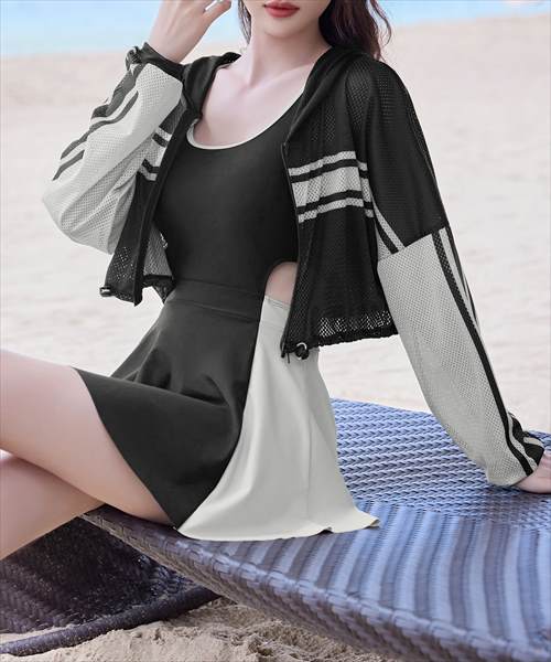 レディース水着 半袖バイカラーフードパーカー+フレアワンピ風