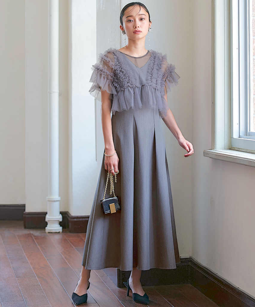 S～LL】フリルチュールシアートップス＆タックフレアドレスセット