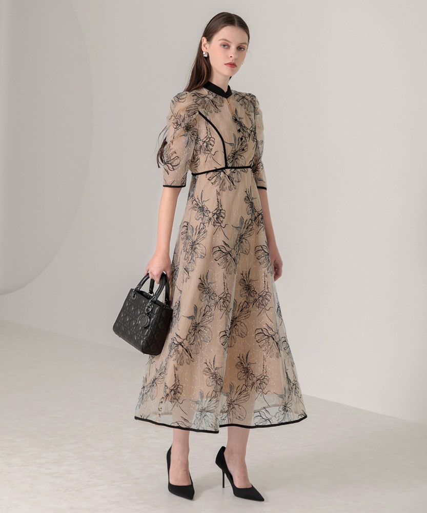 LEJA】配色パイピングプチハイネック花柄刺繍ラメレースロング丈ドレス