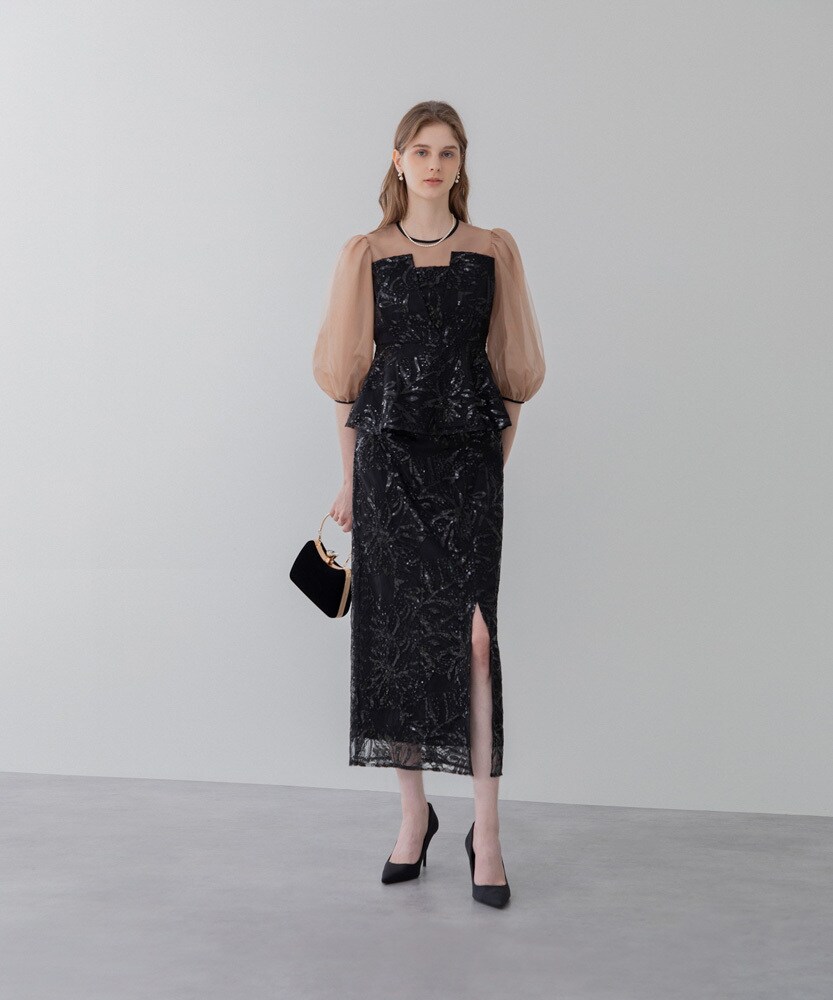 シアーパフスリーブペプラムスパンコール花柄Iラインドレス | レジャ